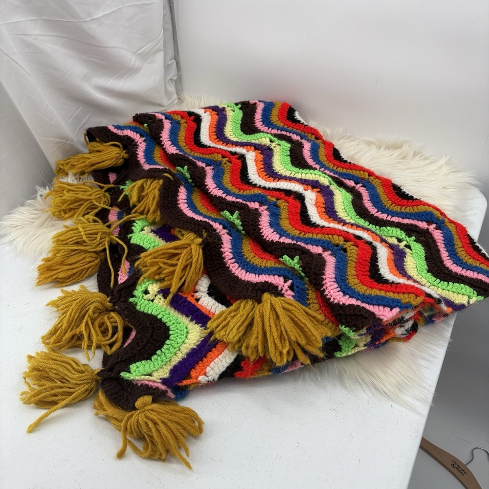 Vintage Mid Century Multi Crochet Zig Zag Pattern Afghan 54"x52" Granny‎ Blanket